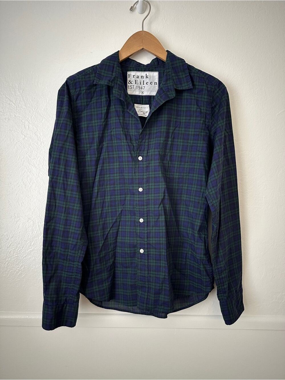 Frank & Eileen Barry Plaid Green Blue Cotton Button Down Small